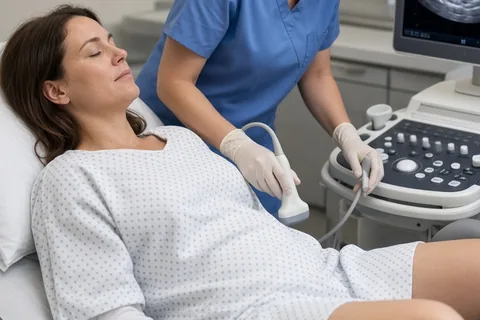 A woman in a hospital gown lying on an ultrasound table with a doctor performing a transvaginal ultrasound scan in a clinical setting