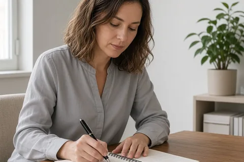 A woman in her thirties writing in a spiral notebook at a desk in a therapy office