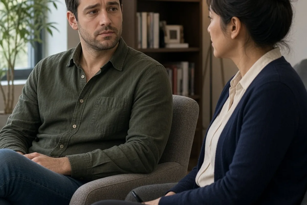 34-year-old man with short dark hair in a therapy chair speaking to a female therapist in a professional office setting