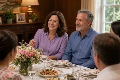 A photorealistic image of a middle-aged woman and man in their 50s seated at the head of a long dining table in a cozy home dining room, hosting a rehearsal dinner with several guests around the table