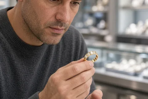 A man in his early forties holding and examining a gold ring with diamond accents at a jewelry store counter.