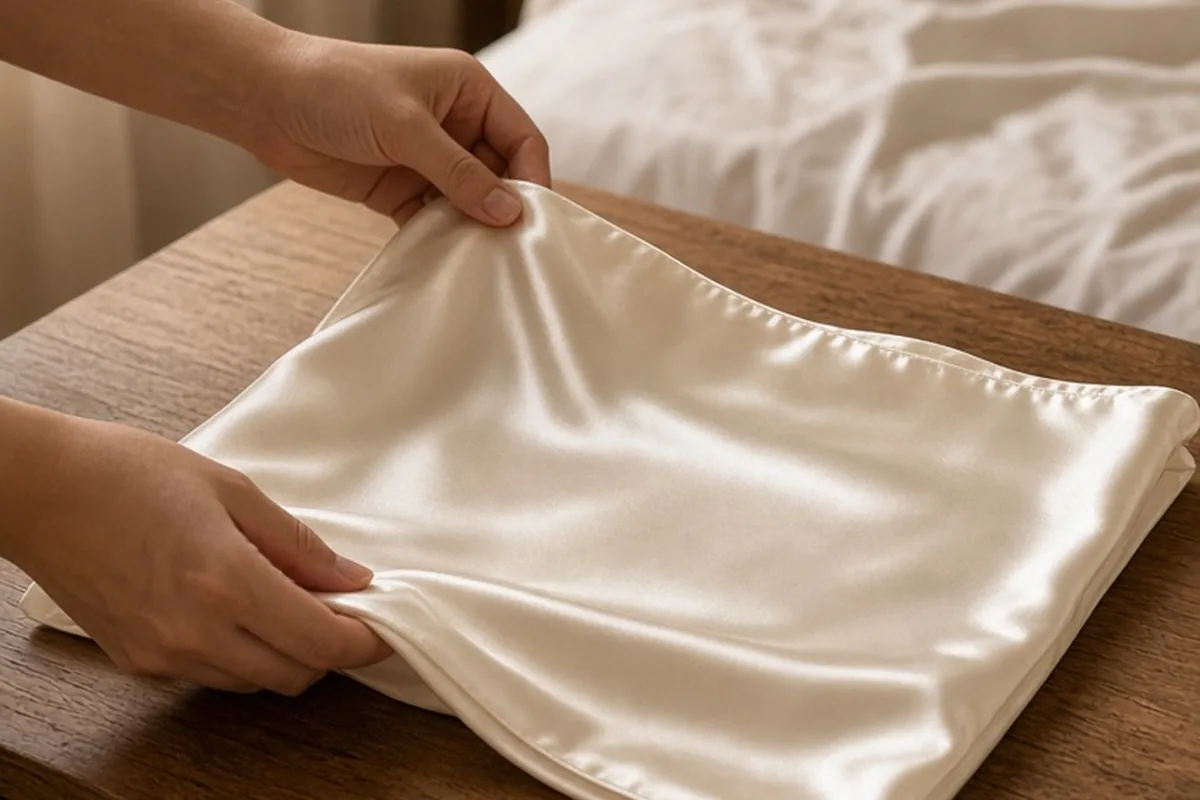 A pair of adult hands unfolding a premium mulberry silk pillowcase on a wooden nightstand in a softly lit bedroom