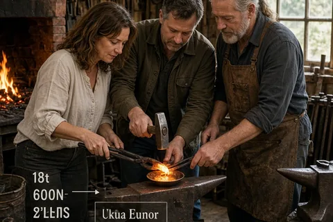 A middle-aged couple and a blacksmith forging a bronze dish over an open forge in a workshop