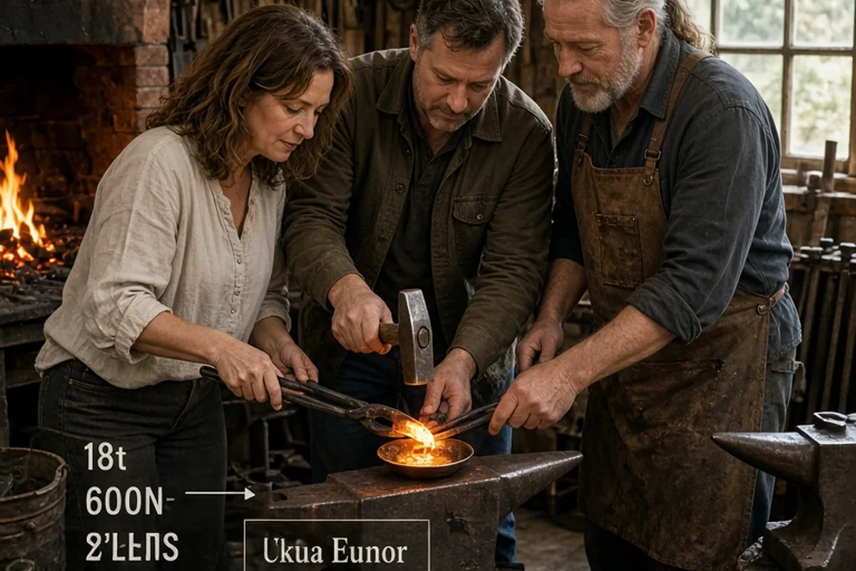 A middle-aged couple and a blacksmith forging a bronze dish over an open forge in a workshop