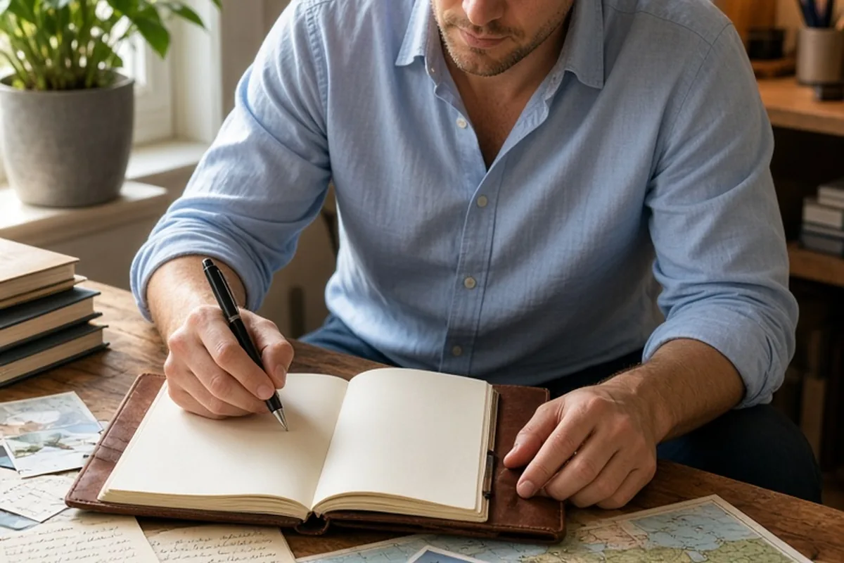A man in his thirties with short brown hair and light stubble wearing a light blue shirt writing in an open leather travel journal at a wooden desk with maps and flight stubs nearby