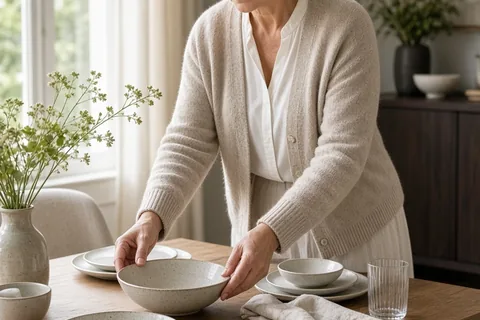 A woman in her 50s with salt-and-pepper hair arranging custom porcelain dinnerware on a dining table in a modern home