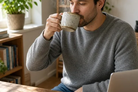 A man in his early forties with short dark hair and a trimmed beard holding a ceramic coffee mug filled with steaming coffee at his desk in a home office with a bowl of coffee beans nearby