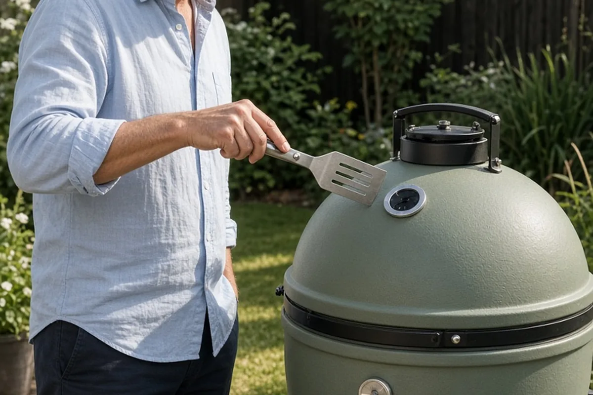 A middle-aged man holding a ceramic outdoor grill with platinum detail in his backyard patio