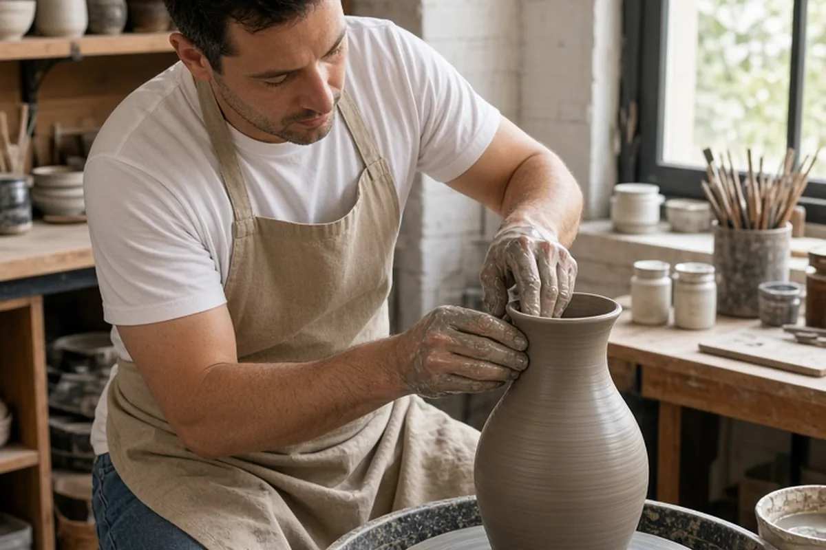 A man in a studio apron shaping clay on a pottery wheel in a bright studio