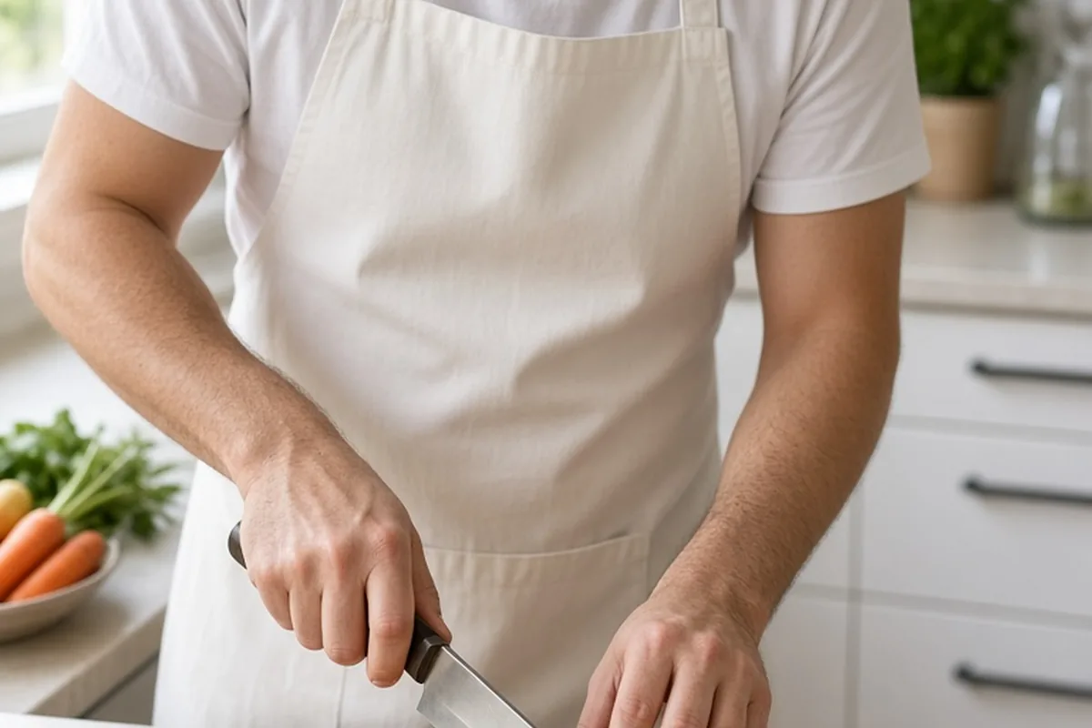 A clearly adult man with short dark hair and light stubble in a white t-shirt and apron using a Japanese chef's knife to chop vegetables on a wooden cutting board in a bright kitchen