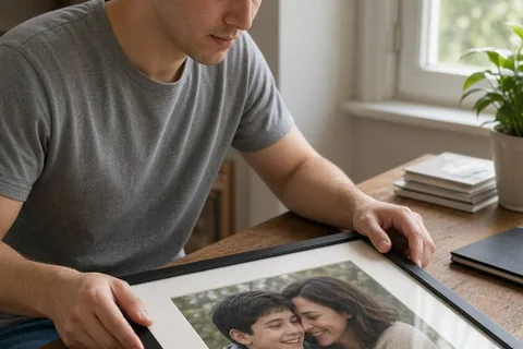 A young man with short dark hair at a wooden desk carefully placing a framed photograph of a young boy and a woman into a black frame with white mat