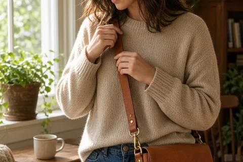 A woman in her early twenties with shoulder-length brown hair wearing a warm tan leather cross-body bag with brass hardware in a sunlit living room