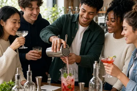 Young adults in a modern studio actively making signature cocktails and tasting them together for a 21st birthday celebration.