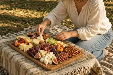 A young woman assembling a charcuterie board outdoors in a sunny park during golden hour