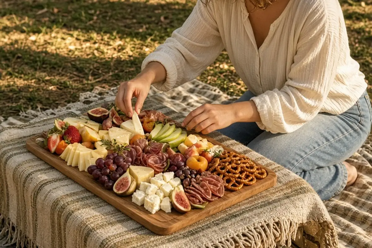 A young woman assembling a charcuterie board outdoors in a sunny park during golden hour
