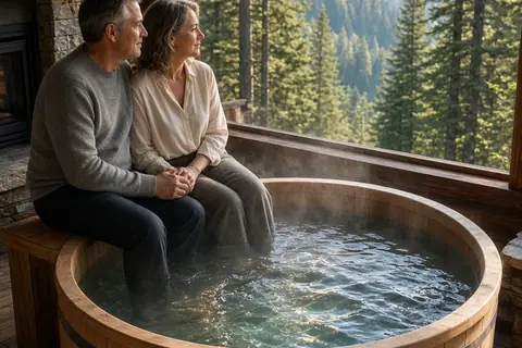 A couple relaxing by a private cedar hot tub in a mountain chalet