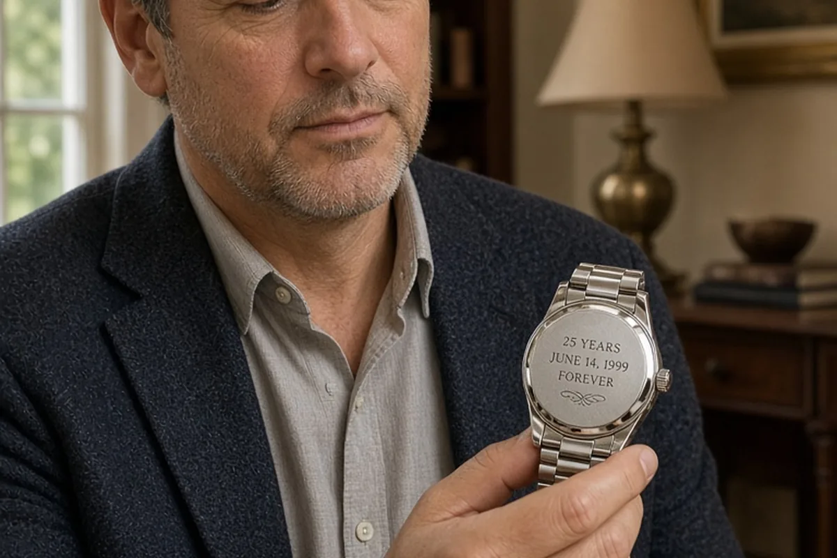 A man turning a silver wristwatch to show the engraved case back