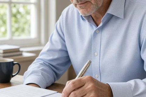 A man in his mid-fifties holding and writing with a silver rollerball pen at his office desk