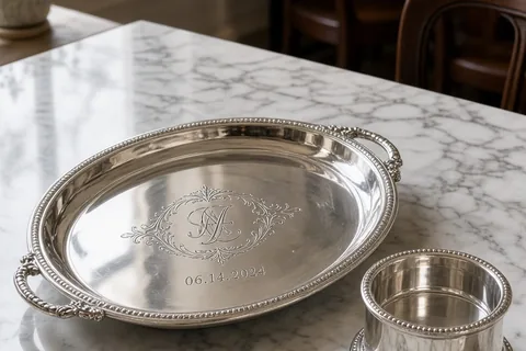 A polished sterling silver serving tray engraved with the couple's monogram and wedding date on a marble table with a silver coaster beside it