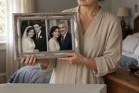 A clearly adult woman in her mid-forties with dark hair in a low bun and wearing a soft beige blouse gently holding a heavy silver picture frame on a wooden dresser in a bedroom, revealing two side-by