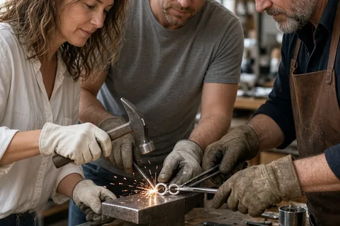 A couple hand-forging matching silver rings in a metalworking workshop with an instructor