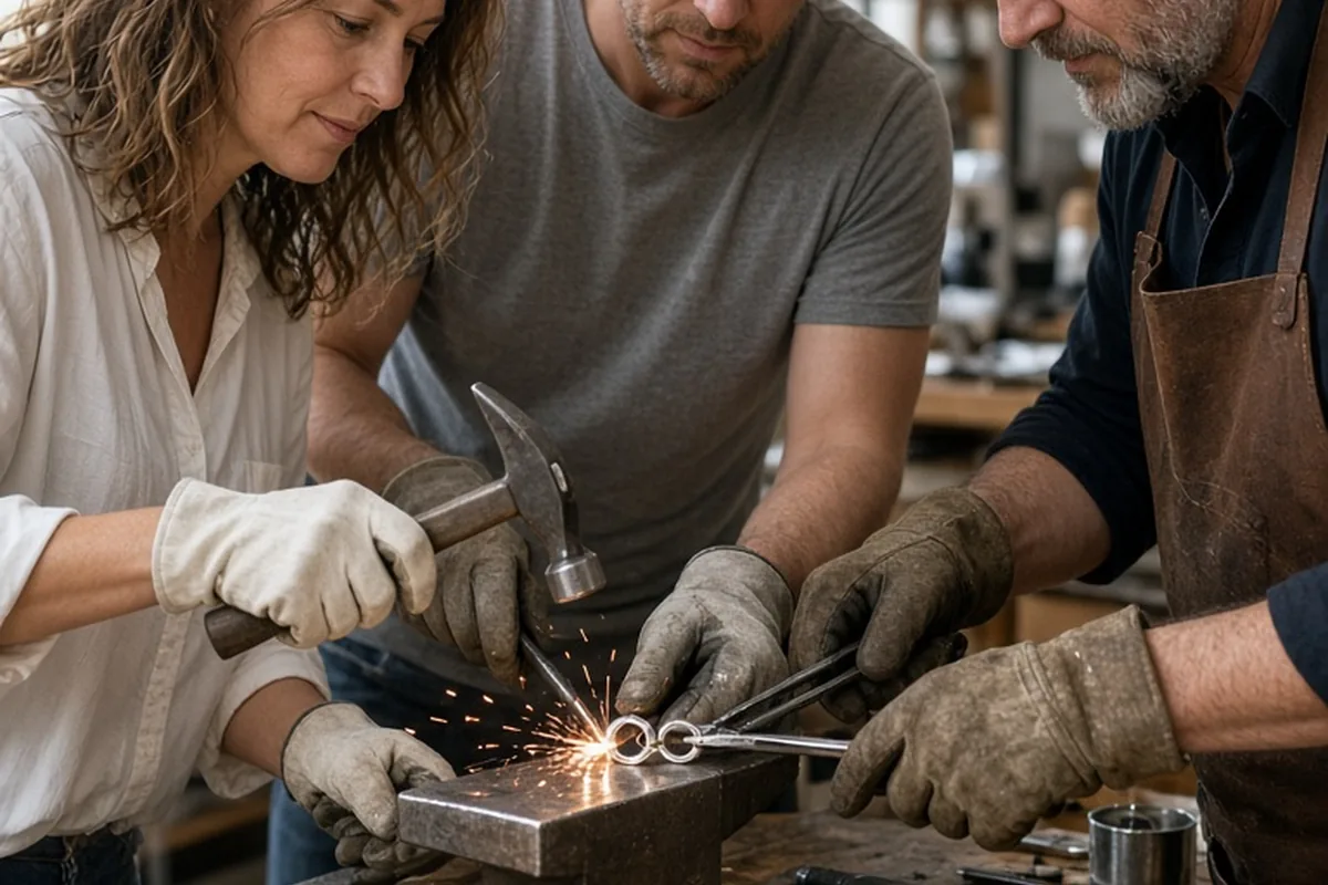 A couple hand-forging matching silver rings in a metalworking workshop with an instructor