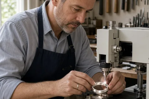 A male jeweler laser-engraving a custom design on a silver ring in a professional workshop