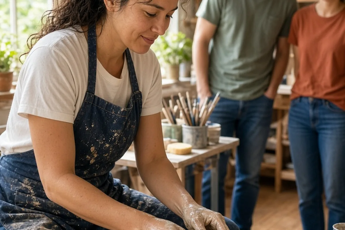 A woman shaping a clay mug on a pottery wheel in a sunlit ceramic studio with friends in the background
