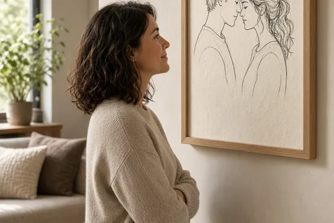 A woman in a living room looking at a framed custom portrait hanging on the wall