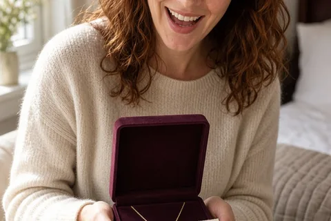 Woman in bedroom holding open jewelry box with garnet pendant and handwritten note