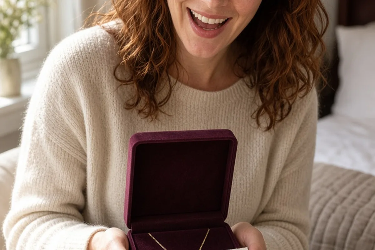 Woman in bedroom holding open jewelry box with garnet pendant and handwritten note