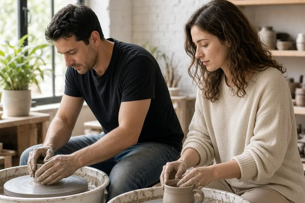 A couple in a pottery studio shaping a mug on a pottery wheel with hands covered in clay, smiling together.