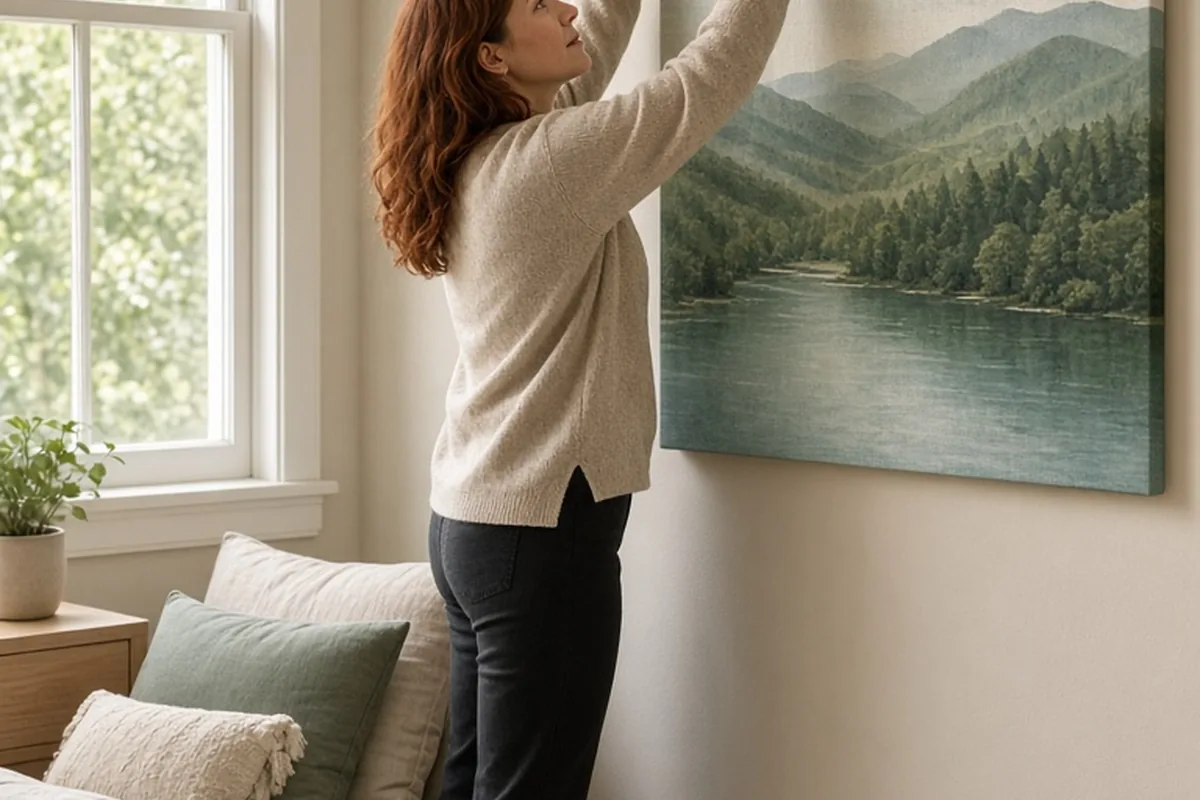 Woman in casual clothes hanging a large cotton canvas print on the bedroom wall