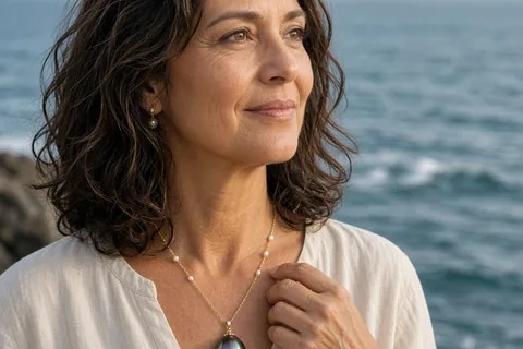 Woman in her 50s wearing a modern yellow-gold pearl pendant necklace with iridescent Tahitian baroque pearl in a coastal cliff setting