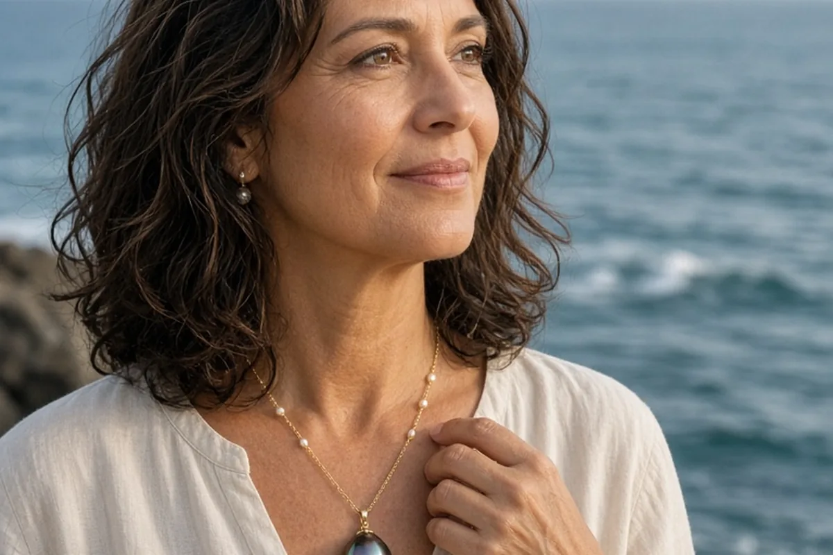 Woman in her 50s wearing a modern yellow-gold pearl pendant necklace with iridescent Tahitian baroque pearl in a coastal cliff setting