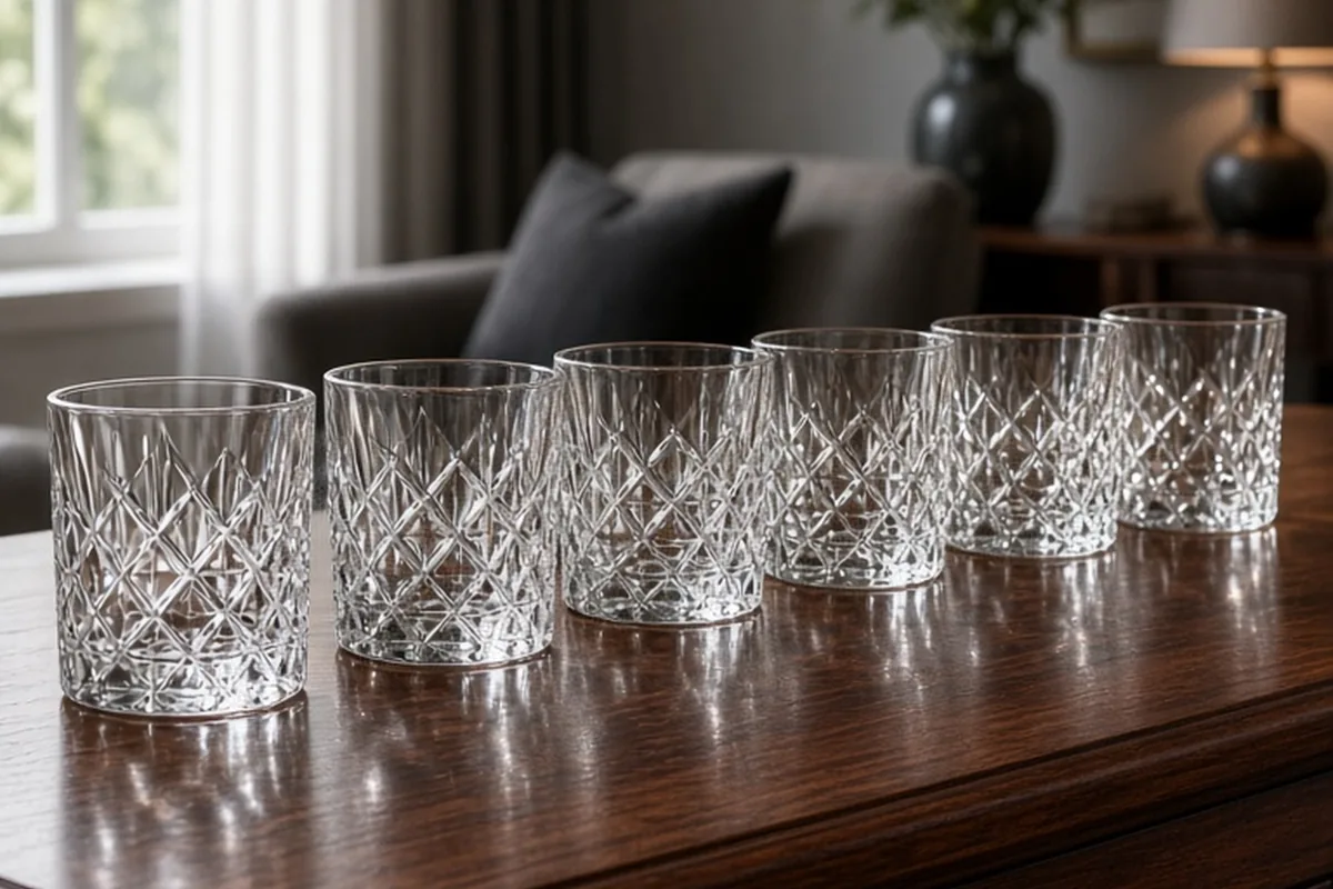 A set of six heavy diamond-faceted crystal whiskey tumblers displayed on a wooden sideboard in a living room