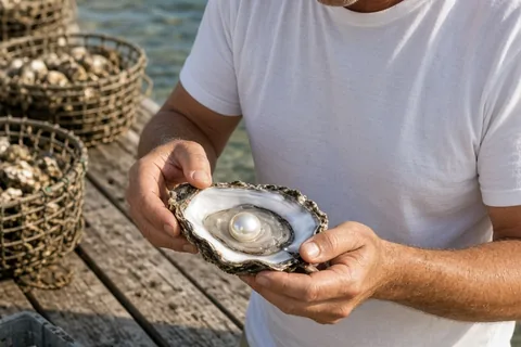 A middle-aged man carefully opens a fresh oyster shell on a wooden dock at an oyster farm, revealing a large luminous pearl inside