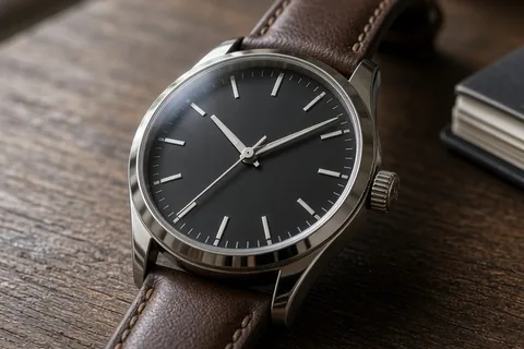 Close-up of an understated Swiss automatic field watch with a sapphire crystal face resting on a wooden desk