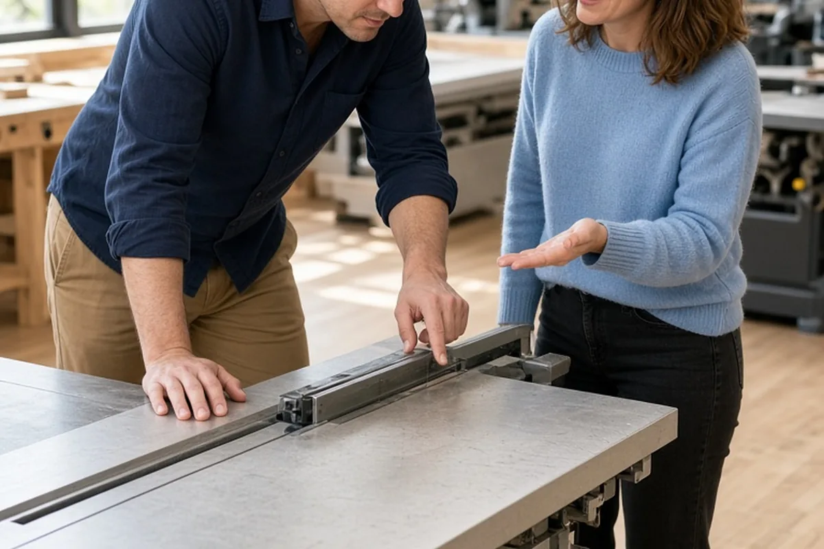 A man examining a table saw in a woodworking machinery showroom with a woman standing beside him