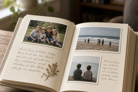 An open hardcover book displaying vintage photographs and handwritten letters on a wooden table in a sunlit room