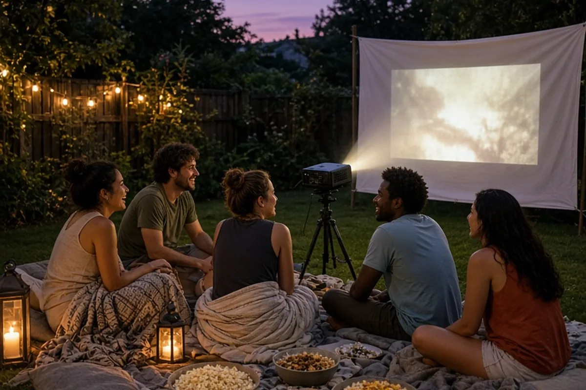 Group of friends gathered outdoors at twilight for a backyard movie night with a projector and popcorn