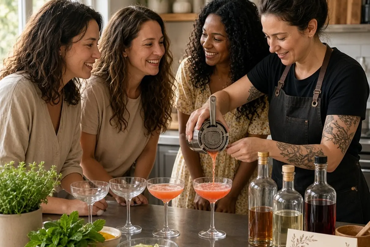Birthday honoree in casual attire with friends and a mixologist preparing cocktails at a kitchen counter in a bright home studio