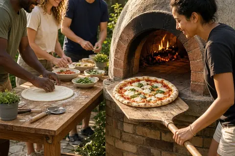 Friends in a backyard using a wood-fired outdoor pizza oven to bake personalized pizzas, one person sliding a pizza on a wooden peel into the oven