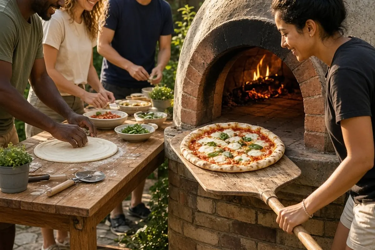 Friends in a backyard using a wood-fired outdoor pizza oven to bake personalized pizzas, one person sliding a pizza on a wooden peel into the oven