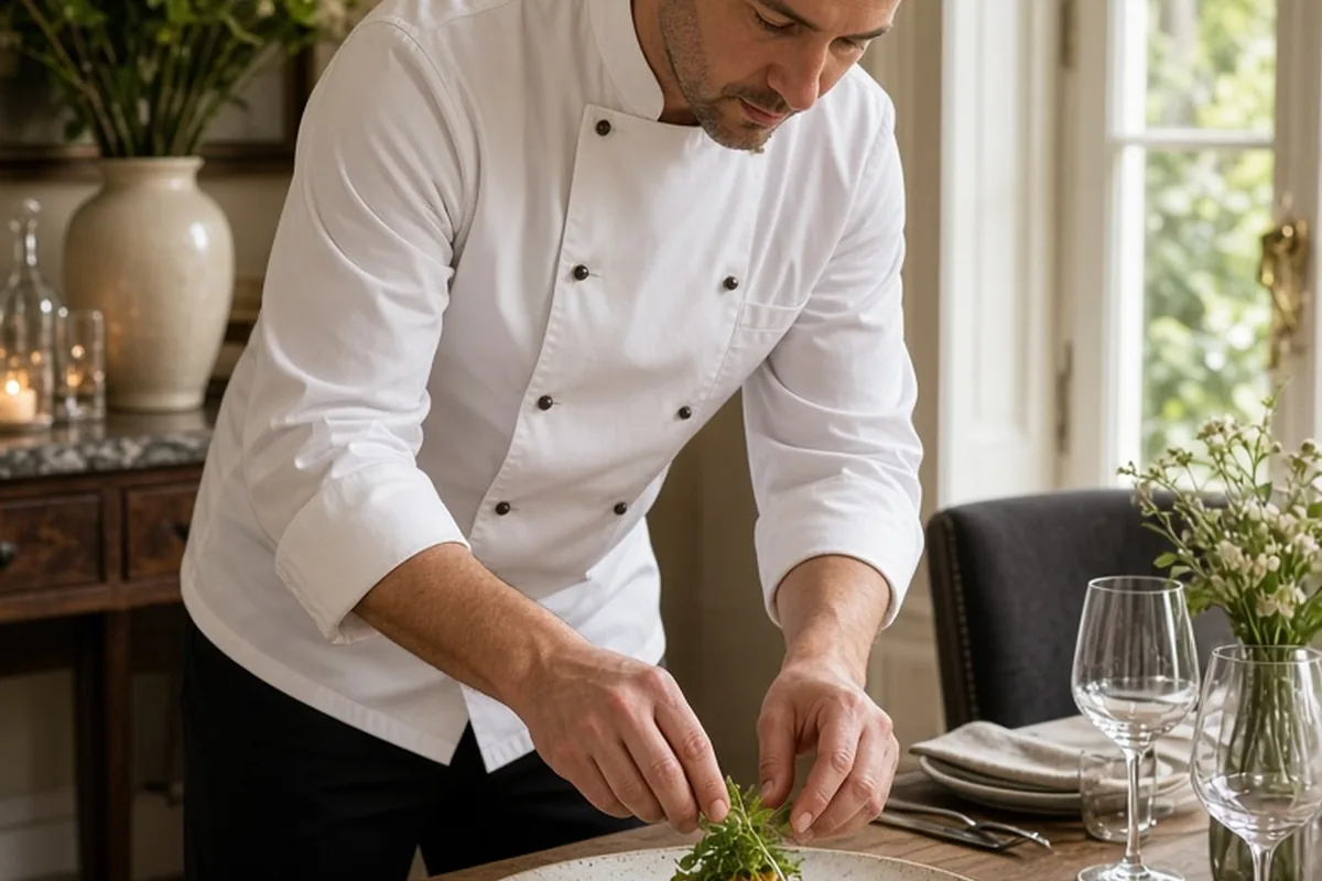 A professional chef in a white chef coat plating a gourmet dish at a long dining table in a private home with fresh ingredients and fine china