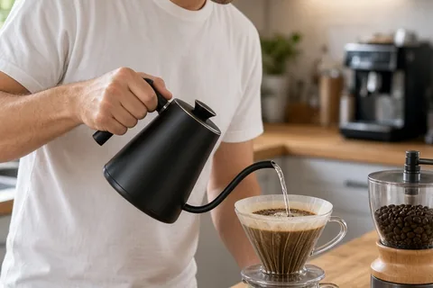 A man pouring hot water from a gooseneck kettle into a coffee dripper on a kitchen counter