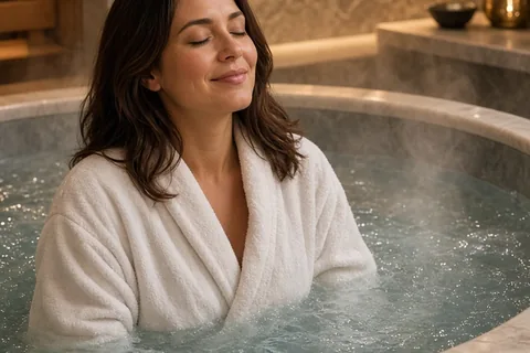 A clearly adult woman in her mid-thirties with shoulder-length dark brown hair relaxing in a white spa robe in a steaming hot tub at a luxurious spa