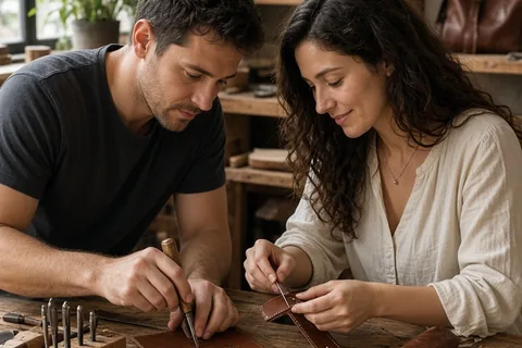 A couple working on leather items at a craft table with tools and materials visible.