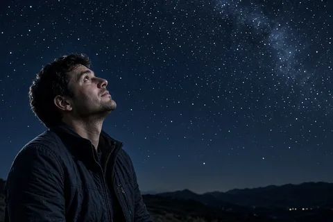 A man gazing up at the stars in a dark park at night holding a leather luggage tag