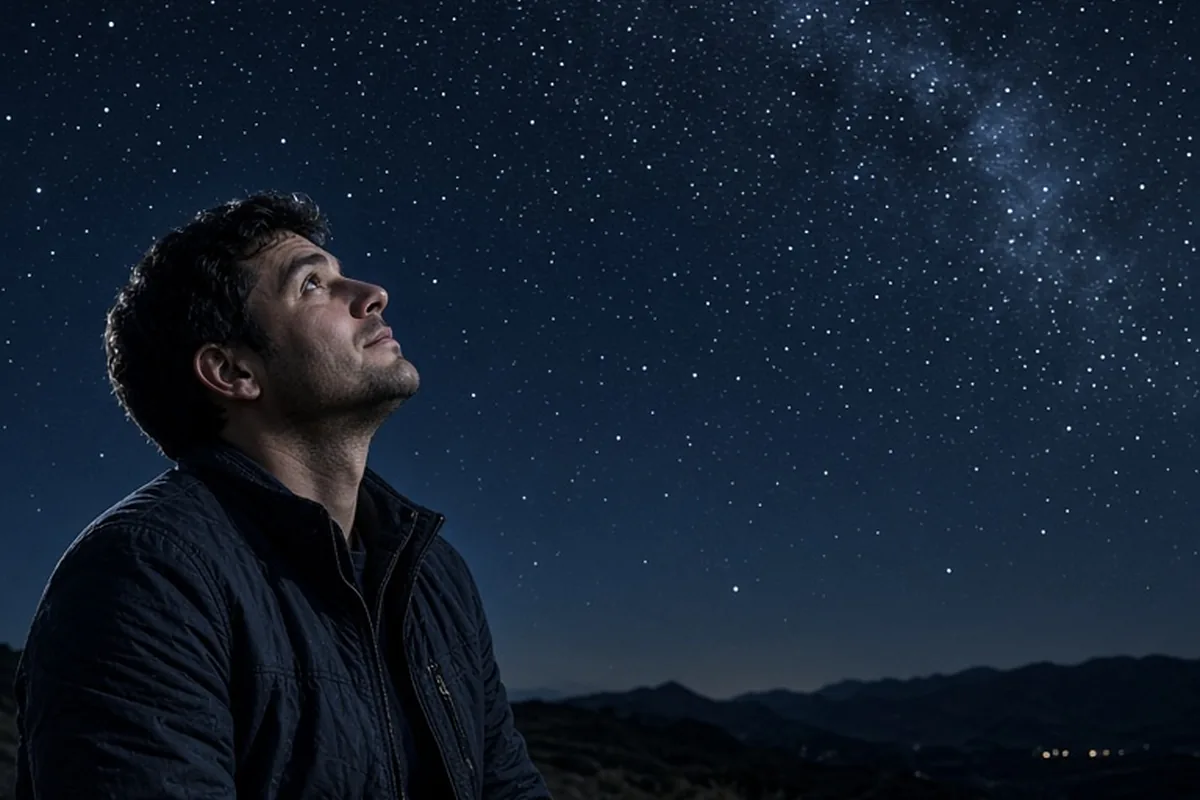 A man gazing up at the stars in a dark park at night holding a leather luggage tag